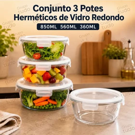 Conjunto 3 Potes Herméticos de Vidro Redondo 850ML 560ML 360ML