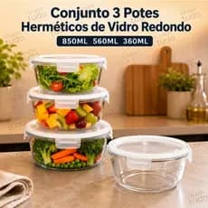 Conjunto 3 Potes Herméticos de Vidro Redondo 850ML 560ML 360ML