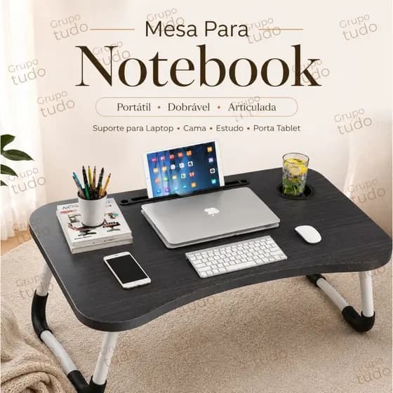 Mesa Para Notebook Portátil Dobrável Articulada em Mdf Suporte para Laptop Cama Estudo Porta Tablet