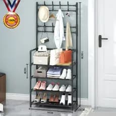 Simples e Moderno Multifuncional Tudo-em-um Sapateira de 4 Camadas, Cabide de Roupas de 8 Ganchos, Rack de Armazenamento Doméstico para Sala de Estar