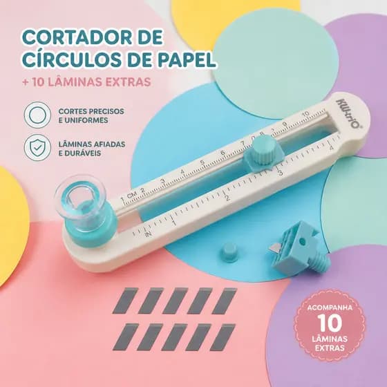 Cortador Circular de Papel + 10 lâminas extras Circulos de 2 a 20 cm diâmetro