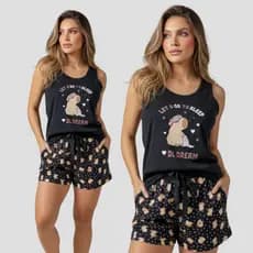 Pijama Conjunto Feminino Suede Regata + Short Estampado com Bolso | Blusa Lisa com Silk | Conforto e Estilo Verão