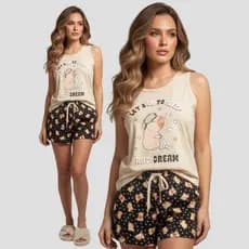 Pijama Feminino Capivara em Suede Confortável | Blusa + Short Estampado | Macio e Fresquinho