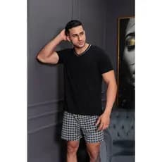 Pijama Masculino Verão Adulto em Suede Blusa Lisa de Manga Curta e Short Estampado Sortido