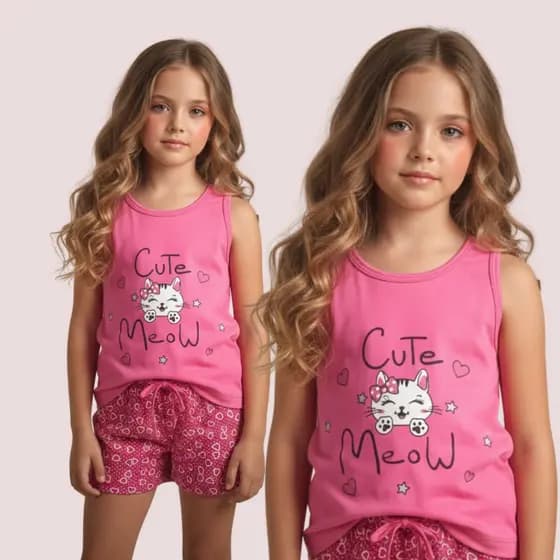 Pijama Feminino Infantil Regata em Suede Sortido Blusa Lisa com Silk + Short Estampado com Bainha e Tirinha Decorativa