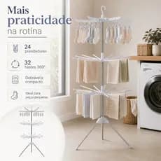 Varal de Chão Dobrável Giratório 360 Branco com 24 Prendedores 32 Hastes Casa Apartamento Lavanderia