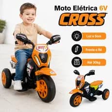 Moto Eletrica Infantil Cross Motinha 6V Farol com Luz Led e Som Frente e Ré Laranja