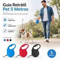 Guia Retratil Coleira 5 Metros Cabo Ergonomico Trava de Segurança Cães Pequenos Medios
