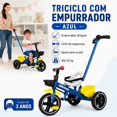Triciclo Infantil Empurrador Dirigível Azul Cinto de Segurança Passeio Seguro Criança 3 Anos