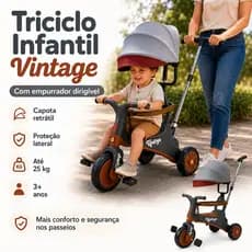 Triciclo Infantil Vintage Retro Empurrador Dirigível Capota Protetor Lateral Para Criança