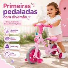 Bicicleta Infantil Unicornio Rosa com Pedal Rodinhas Figurinhas Para Personalizar 12 Meses +