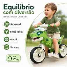 Bicicleta Infantil Sem Pedal Bike Equilibrio Dinossauro T-Rex Aro 12 Verde Com Som E Luz 3 Anos+