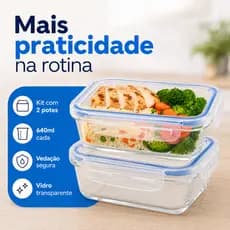 Kit 2 Potes de Vidro 640ml Retangular com Tampa Hermética para Alimentos Marmita e Geladeira