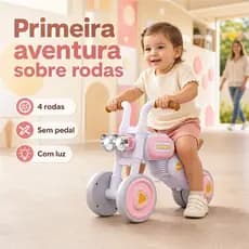 Bike Infantil Vintage Rosa com Luz e 4 Rodas Sem Pedal para Bebês a Partir de 12 Meses