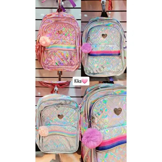 Mochila Kika metalizado prata e rosa holográfica de costa mochila notebook com chaveiro