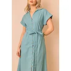 Vestido Feminino Slim Plus Size Camila Algodão Linho Botões Funcionais Moda Verão Elegante Casual