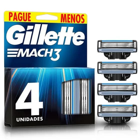 Refil Carga Para Barbear Gillette Mach3 - 4 Unidades com Lâminas de Aço, Fita Lubrificante