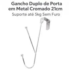 Gancho Duplo de Porta em Metal Cromado 21cm – Suporte até 5kg Sem Furo