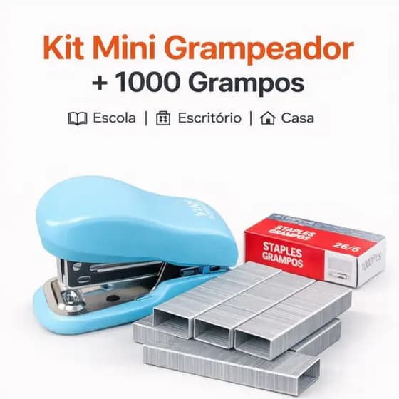 Kit Mini Grampeador de Masa + Grampos Completo e Compacto 12 Folhas Papel