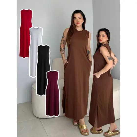 Vestidos Feminino Longo Com Bolso Fenda Cavado Soltinho Confortável Moda Blogueira