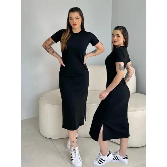 Vestido Feminino Midi Com Fenda Lateral Manga Curta Soltinho Confortável Casual Algodão