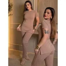 Conjunto Feminino Blusa Fenda Lateral e Calça Com Bolso Canelado Premium Elegante Casual Inverno