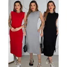 Vestidos Muscle Tee Midi Feminino Com Fenda Lateral e Bolso Básico Algodão Premium