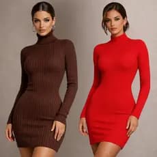 Vestido Curto Manga Longa Gola Alta Tubinho Canelado