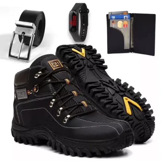 Bota Masculina Caterpillar De Trilha Adventure de Couro Impermeavel Costurado + Relogio Cinto e Carteira