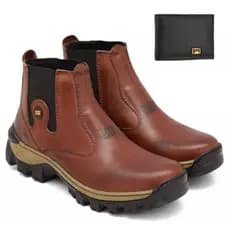 Bota Botinha Caterpillar Masculina De Couro Costurado Impermeavel de Elastico Ajustavel + Carteira