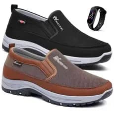 Kit 2 Pares De Tenis Sapatilha Mocasssin Masculino Ortopedico Adventure Com Solado Antiderrapante Macio + Relogio Led