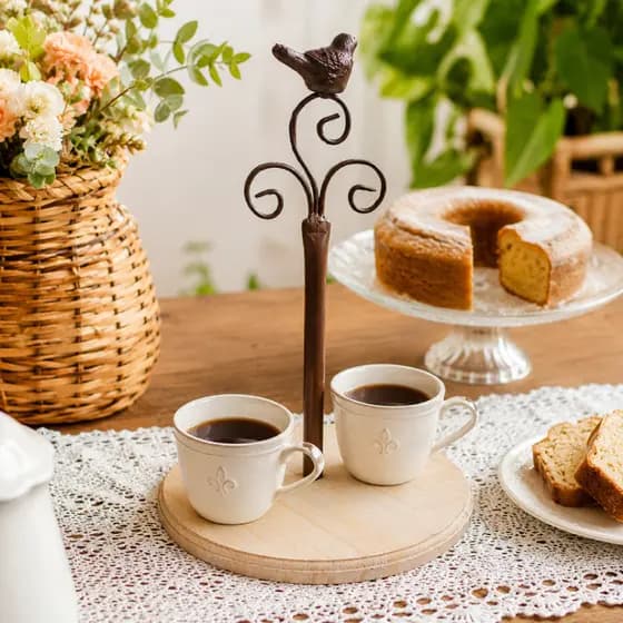 Suporte Mesa Posta Arabesco Rustico Passarinho Ferro Madeira Doces Café Decoração Farmhouse