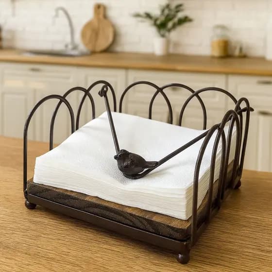 Porta Guardanapo Quadrado Grande com Passarinho em Ferro Marrom Decorativo para Mesa Farmhouse