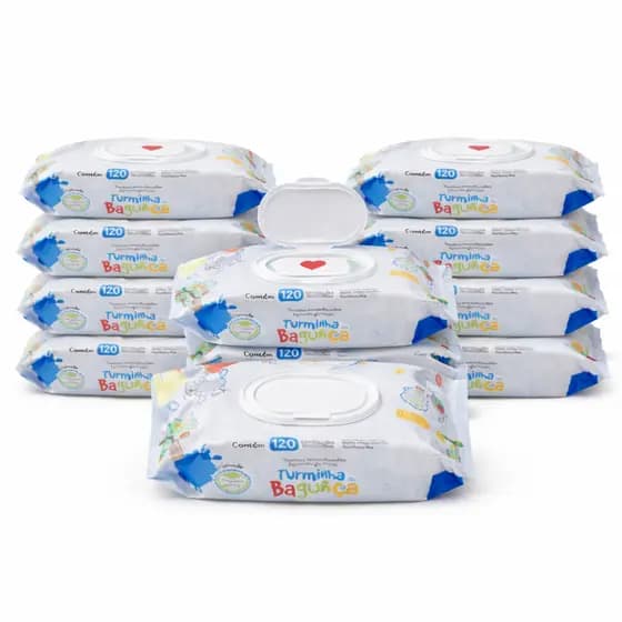 Kit 10 Lenços Umedecido Infantil Com Tampa Flip Top 120 Folhas - Limpeza Suave Pele Sensível Bebê - Turminha da Bagunça