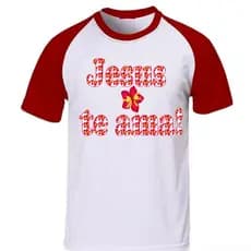 Camiseta Raglan Branca - Manga e Gola vermelha com Frases