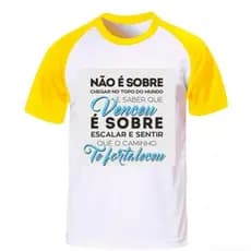 Camiseta Raglan Branca - Manga e Gola Amarela com Frases