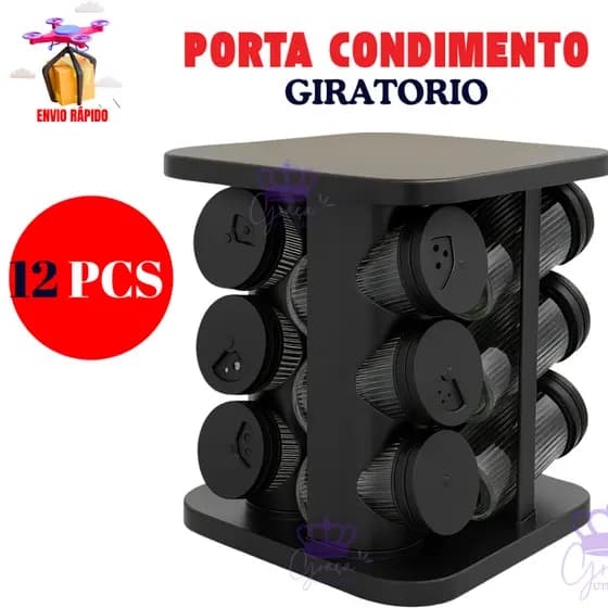 Porta Condimentos Giratório  Porta Temperos Giratório Com 12 ou 9 ou 6 Potes De Vidro Preto