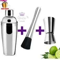 Kit Coqueteleira De Inox Com Socador E Dosador Duplo 25 e 50 Ml Para Bebidas Drink Caipirinha Bar Restauran