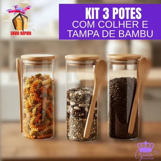 Pote De Vidro Redondo Tampa Bambu Hermético Com Colher 690ml