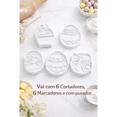 Kit 6 Cortadores de Biscoito Páscoa 6cm Cortador para Pasta Americana Massinha com Marcadores