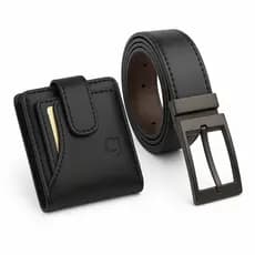 Kit Carteira Masculina Couro  Com fecho de botao + Cinto dupla face 2 EM 1 Preto e marrom com fivela Giratória Presente