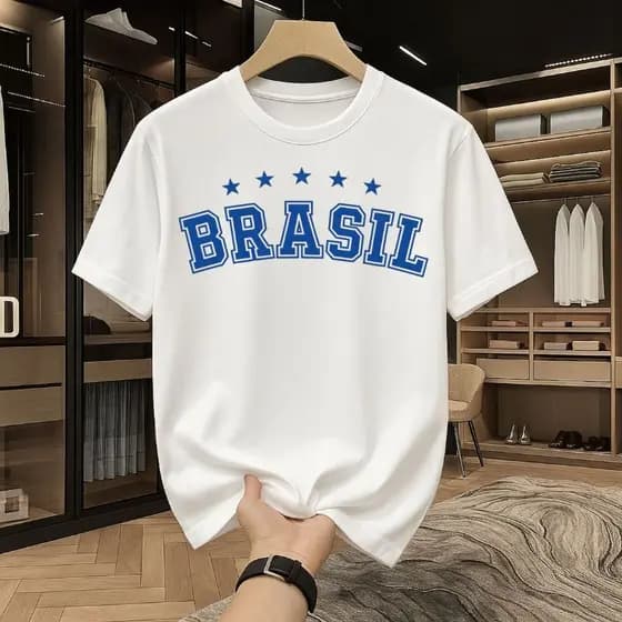 Camiseta Branca ESTAMPADA BRASIL 100% algodão Masculina e Feminina Leve Fresca e Confortável