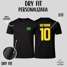 Camiseta Preta Do Brasil Dry Fit Unissex Estampa Personalizada Malha Poliéster Confortável Plus Sise