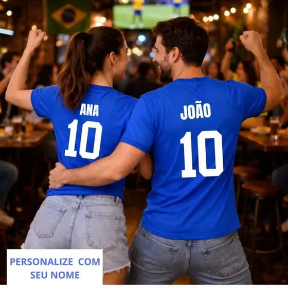 Kit Casal Camiseta Brasil Personalizada Nome Numero Azul | Copa Torcida Casal Presente | Algodão 30.1
