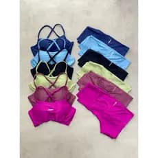 Conjunto Short com dois BOLSO Top em poliamida canelado fitness academia MF Celeste