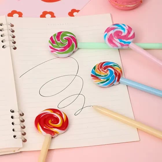 Kit com 12 Canetas Fofas Pirulito Bala Colorida Lollipop Pen