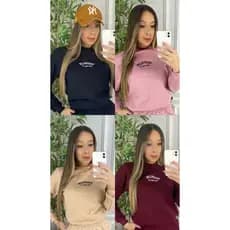Blusa Moletom Feminino Super Confortável Casaco Flanelado Blusa de Frio Algodão Liso Bordado Moletom