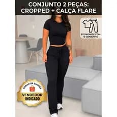 Conjunto Feminino Cropped Baby Tee + Calça Flare Bailarina Poliamida Premium Legging Moda Gringa
