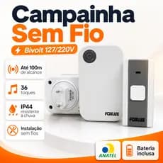 Campainha Sem Fio Digital Wireless Foxlux Bivolt 36 Toques Longo Alcance 100m IP44 Anatel