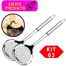 Kit 03 Escumadeiras Inox Reforçada Cabo Grosso 29 Cm Aço Inox Utensílio de Alta Qualidade